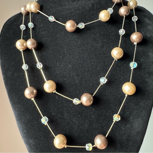 Lia Sophia Station Necklace Gold Brown Beige Pearls (Vintage Flapper Girl Pearl) - Picture 6 of 17